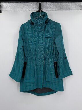 G.E.T. Teal Plaid Utility Jacket Hooded Lightweight Anorak Cinched Waist Small